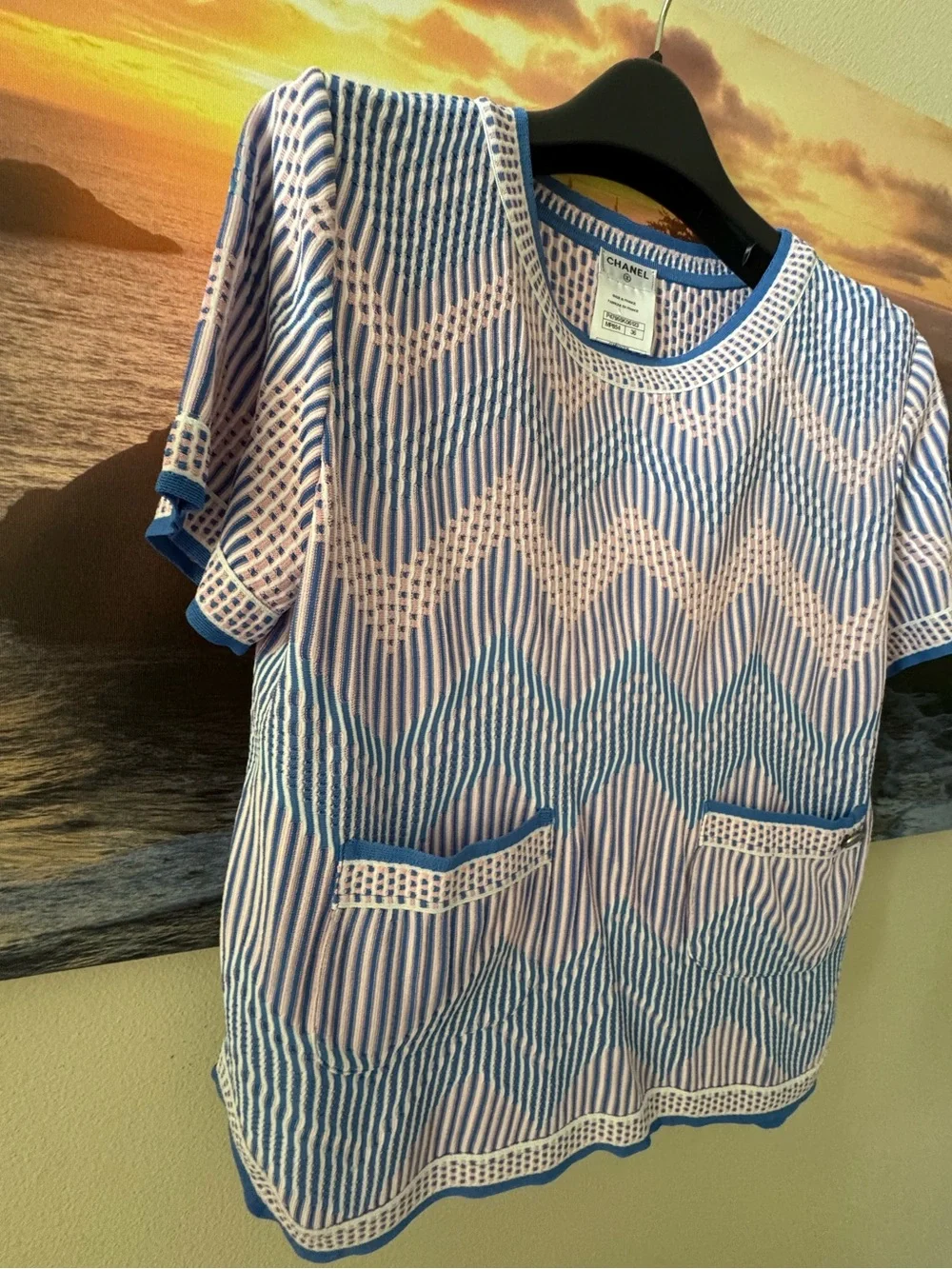 Chanel Authentic Cruise Blue/Pink/White Zigzag Pattern  Knit Top/36/ New